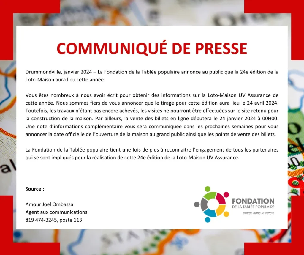 Note d’informations sur le lancement de la 24e édition de la Loto-Maison UV Assurance